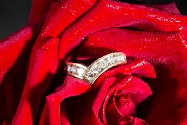 Διαμαντένιο δαχτυλίδι αρραβώνων με ένα μονοπάτι από διαμάντια και ένα κόκκινο τριαντάφυλλο — Φωτογραφία Αρχείου