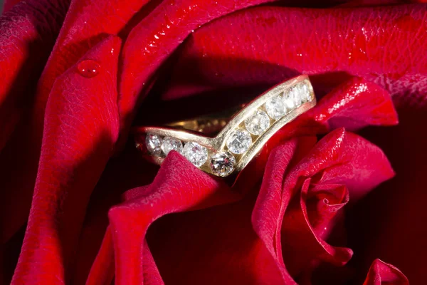 Gyémánt Eljegyzési Gyűrű Gyémántokkal Vörös Rózsával Koncepció Egy Ajánlat Hogy — Stock Fotó