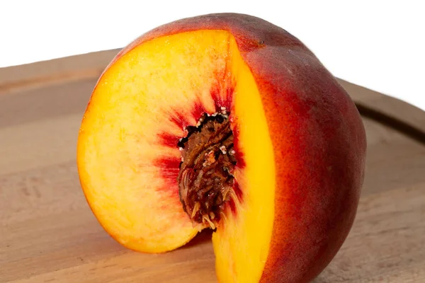 Peaches Wooden Board Peach Half Stone Ripe Fruits — Stock Photo, Image