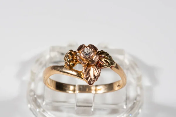 Une Bague Avec Petit Diamant Cadre Forme Feuilles Raisin Base — Photo