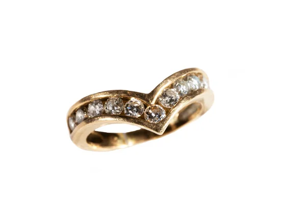 Χρυσό Δαχτυλίδι Διαμάντια Γυναικείο Αξεσουάρ Απομονώνεται Λευκό Φόντο Κοσμήματα Δώρο — Φωτογραφία Αρχείου