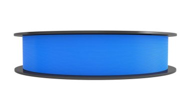 Beyaz arkaplanda 3 boyutlu baskı ipliği izole edildi. Mavi renk. 3d illüstrasyon.