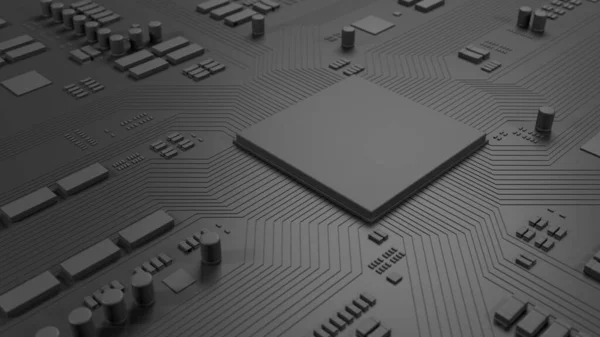 Dark gray chip on circuit board. Computer motherboard with CPU. Technology background. 3d illustration.