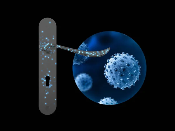 Door handle. Viruses spread from surface to human. 3d illustration. Covid-19. Coronavirus.
