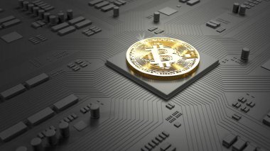 Çipin üzerinde Bitcoin. Devre kartı. Bitcoin madencilik konsepti. Sanal para birimi. Altın ve koyu gri. 3d illüstrasyon.