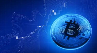 Bitcoin ve şamdan çizelgesi. Sanal para birimi. Mavi renk. 3d illüstrasyon.