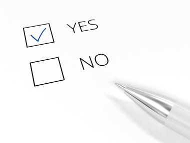 Evet oyu verin. Kalem. Çek kutuları. Beyaz kağıt. 3d illüstrasyon.