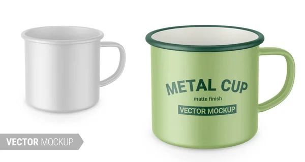 Tazza Metallo Smaltato Bianco Opaco Modello Modello Imballaggio Fotorealistico Con — Vettoriale Stock