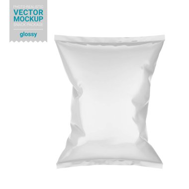 Parlak beyaz atıştırmalık paketi. Fotogerçekçi ambalaj şablonu. Ön manzara. Vektör 3 boyutlu illüstrasyon. Çizimlerinizi doğru zarf bozulmasıyla sarmak için doğru bir ağ içerir.