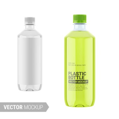 Şeffaf parlak plastik şişe maketi. Vektör illüstrasyonu.