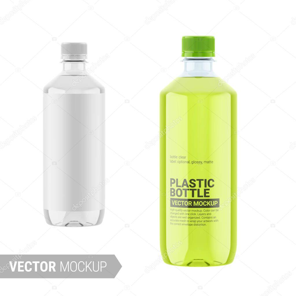 Transparent glossy plastic bottle mockup. Vector illustration.