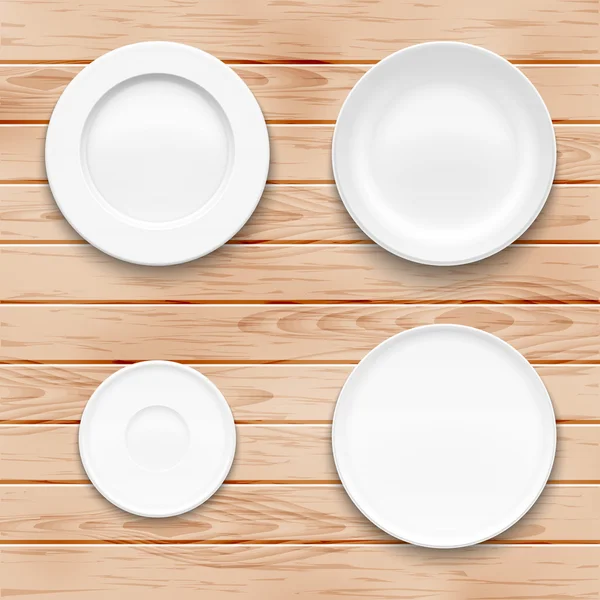 White plate set on wooden background. Kitchen dishware. — Stock Vector