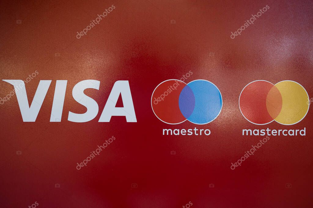 Bishkek , Kyrgyzstan  Jule 04 , 2021 :    Visa and Master credit card  ATM  close up.