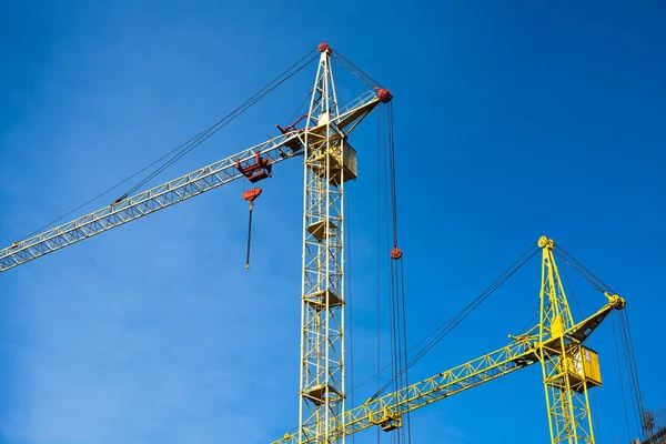 Mavi gökyüzüne karşı iki sarı vinç .