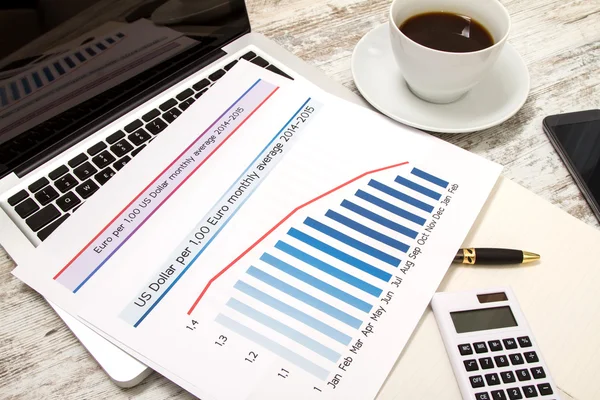 Analyzing graphics with evolution exchange rate euro dollar — Stock Photo, Image