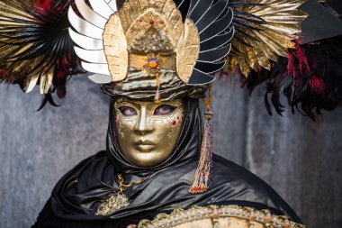 Venedik - 6 Şubat 2016: Renkli karnaval maskesi Venedik sokaklarında