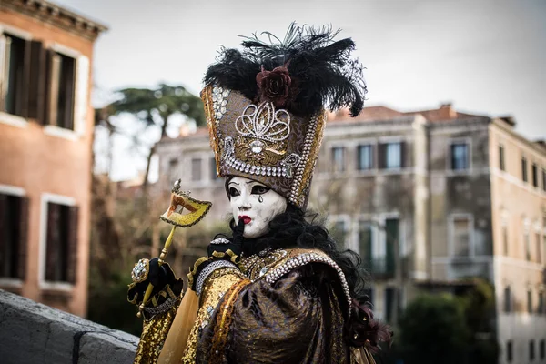Veneza - 6 de fevereiro de 2016: máscara de carnaval colorida pelas ruas de Veneza — Fotografia de Stock