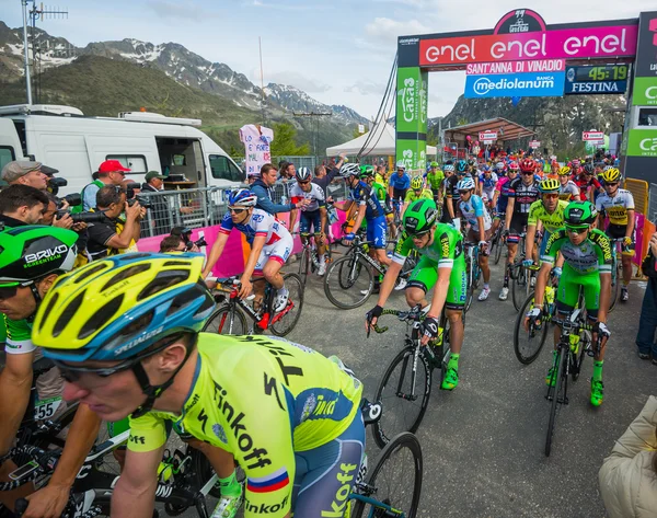 Sant Anna, Italy May 28, 2016; A Gorup of Professional Cyclists exhausted passes the finish line after a hard mountain stage — Stock Photo, Image