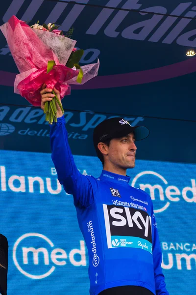 Sant Anna, Italy May 28, 2016; Mikel Nieve, sky  Team, in blue jersey on the podium after winning the classification of best climber