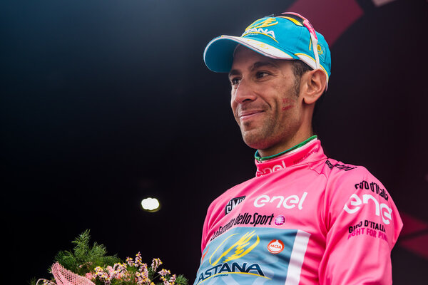 Turin, Italy May 29, 2016; Vincenzo Nibali, Astana Team,  in pink jersey  on the final podium of  the Tour of Italy 2016, after winning the General Classificattion.