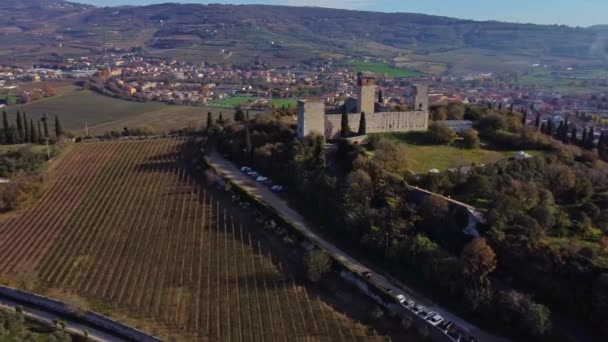 Vista Aérea Antigo Castelo Medieval Topo Uma Colina Com Vista — Vídeo de Stock