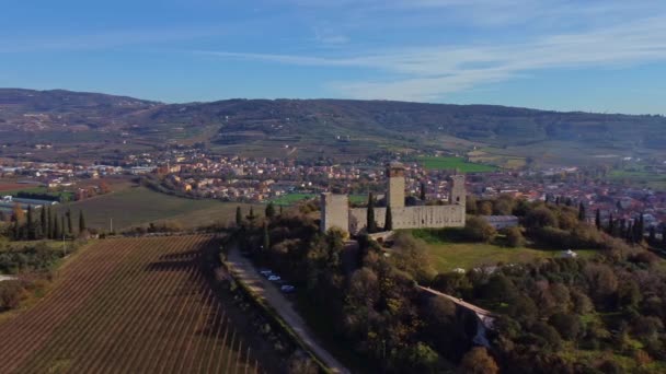 Vista Aérea Antigo Castelo Medieval Topo Uma Colina Com Vista — Vídeo de Stock