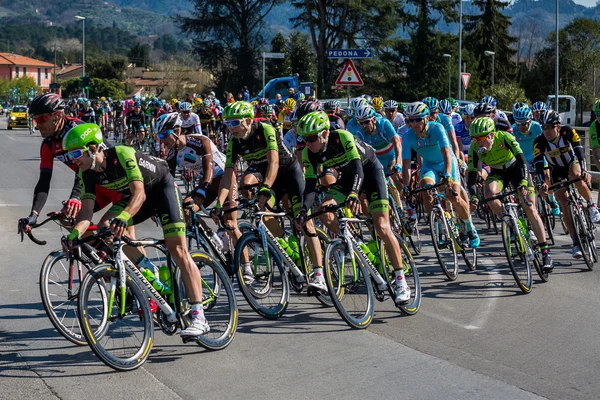 Camaiore, Italia - 12 de marzo de 2015: Grupo de ciclistas profesionales durante la segunda etapa del Tirreno Adriatico 2015 — Foto de Stock