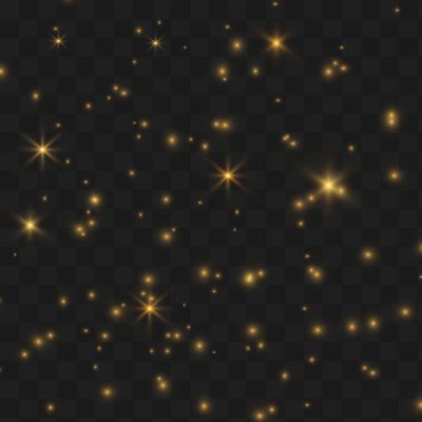 Noel ışığı etkisi. Parçacıkların parıltı etkisi. Şeffaf bir zemin üzerinde ışıldayan vektör sihirli toz parçacıkları parlıyor. Toz ve altın yıldızlar özel bir ışıkla parlıyor..