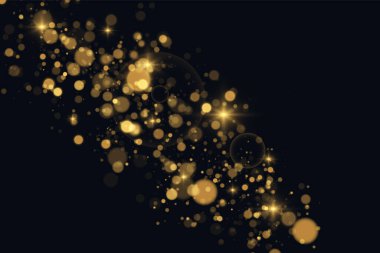 Parlak sihirli toz parçacıkları. Toz kıvılcımları ve altın yıldızlar siyah şeffaf arkaplanda özel bir ışıkla parlarlar. Altın parlak ışık efekti. Vektör ışıltısı.