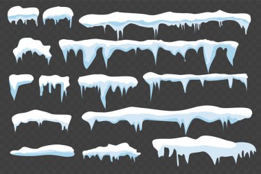 Buz saçakları, kar örtüsü. Kış arka planında kar parçaları. Çizgi film tarzında vektör şablonu