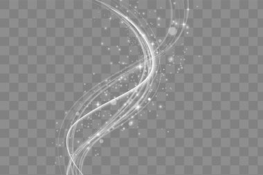 Şeffaf arkaplanda izole edilmiş parlak kıvrımlı çizgilerin vektör çizimi. Parlak dalga etkisi kart, pankart veya arkaplan dekorasyonu için kullanılabilir.