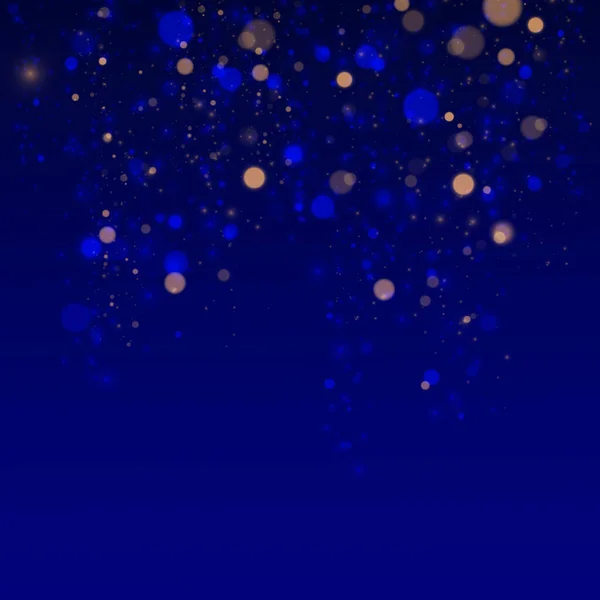 Koyu mavi arka planda bulanık bokeh ışığı. Noel ve Yeni Yıl şablonu. Soyut parıltı yanıp sönen yıldızların ve kıvılcımların dikkatini dağıttı. Vektör EPS 10