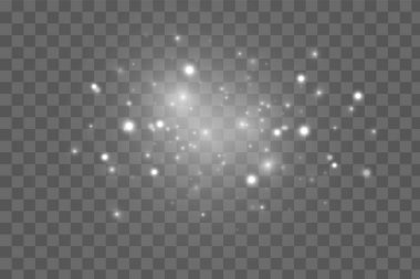 Beyaz kıvılcımlar ve yıldızlar özel ışık efektleriyle parıldarlar. Noel soyut kalıbı. Parlak sihirli toz parçacıkları. Şeffaf arkaplanda vektör ışıltısı.