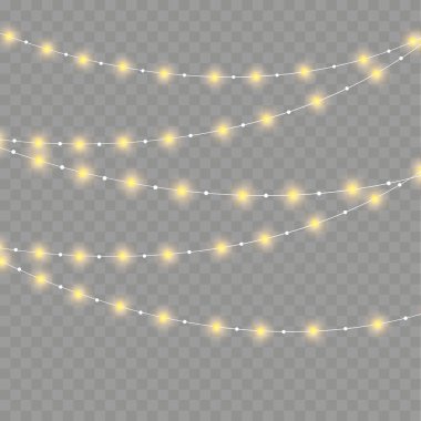 Şeffaf bir arkaplanda izole edilmiş vektör Noel ışıkları. Parlayan Noel çelengi. Beyaz şeffaf yeni yıl dekorasyon ışıkları. Led neon lambası. Noel tatili için parlak ışıklar