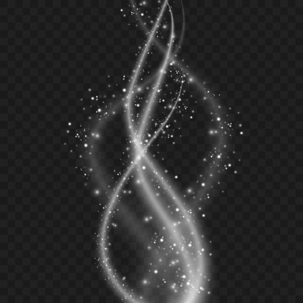 белый сверкающий свет тропы на прозрачном фоне. Взрыв футуристической волны. Эффект светящихся сверкающих спиральных линий. Белые искры и снежинки. Волшебные частицы пыли. Вектор