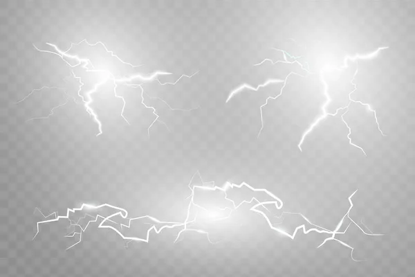 稲妻のセット 雷雨と雷 魔法と活気のある照明効果 ベクターイラスト — ストックベクタ