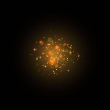 Noel ışığı etkisi. Parçacıkların parıltı etkisi. Şeffaf bir zemin üzerinde ışıldayan vektör sihirli toz parçacıkları parlıyor. Toz ve altın yıldızlar özel bir ışıkla parlıyor..