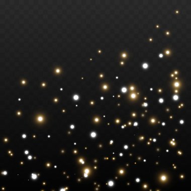 Sarı kıvılcımlar özel ışık efekti. Şeffaf arkaplanda vektör ışıltısı. Noel soyut kalıbı. Parıldayan sihirli toz parçacıkları