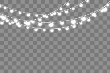 Şeffaf arka planda izole edilmiş Noel ışıkları. Vektör illüstrasyonu.