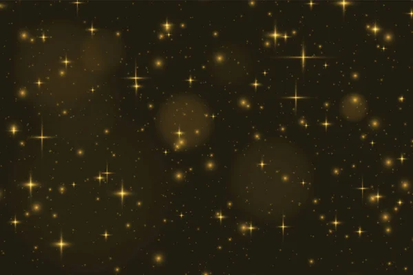 闪烁的神奇尘埃粒子 灰尘闪烁着 金色的星星在黑色透明的背景上闪烁着特殊的光芒 金色闪光效果 矢量的火花 — 图库矢量图片