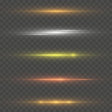 Şeffaf bir arkaplanda yanıp sönen ışıklar ve parıltılar. Parlak altın yanıp sönüyor. Soyut altın ışıklar parlak ışık huzmelerini izole etti. Parlak çizgiler. Vektör illüstrasyonu 10.