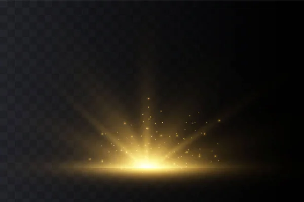 Parıldayan ışık efektiyle yıldız patlaması, yıldızlar, kıvılcımlar, patlamalar. Parlayan yatay yıldız ışığı parlamaları, şeffaf arka planda bokeh koleksiyonu olan ışınlar. Vektör illüstrasyonu