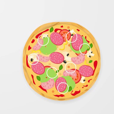 Çeşitli malzemelerle üst düzey pizza. Mantarlı, domatesli, soğanlı, biberli ve peynirli tam pizza. İtalyan pizzası