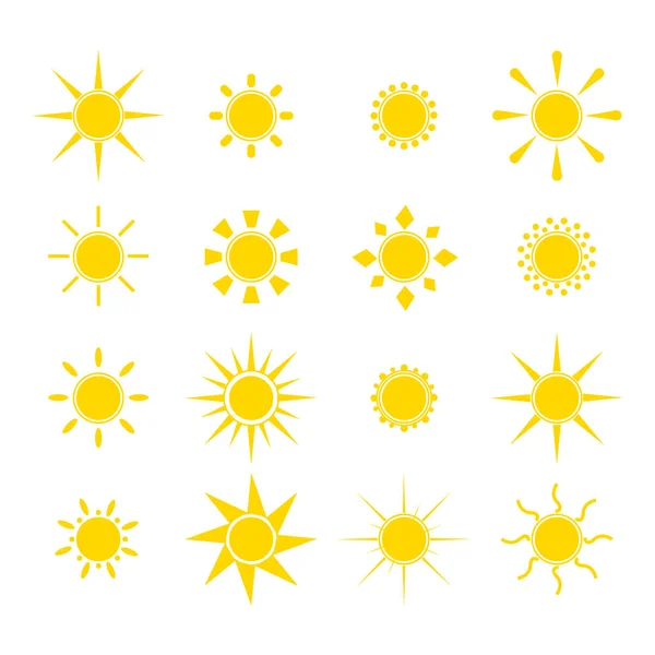 Sol Conjunto Iconos Dibujos Animados Plana Esquina Soleada Con Rayos — Vector de stock