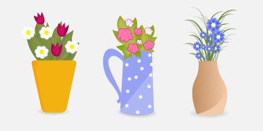 Çiçek simgesi beyazı izole etti. Vazoda çeşitli çiçekler var. Bahar seti