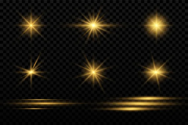 Set Flitsen Lichten Sparkles Transparante Achtergrond Heldere Gouden Gloed Abstracte — Stockvector