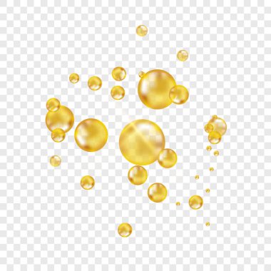 Altın yağ kabarcıkları. Vektör yanıp sönen kolajen kapsülleri. 3 boyutlu gerçekçi epoksi yapay kehribar boncuğu, ve hatta bir damla şarap, bira, meyve suyu, bal, yağ.