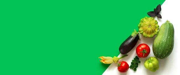 Banner Group Vegetables Laid Out Diagonally Minimalistic Modern Display Concept — Stock Photo, Image