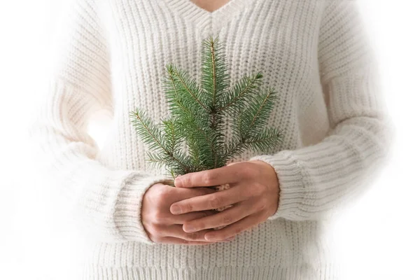 Beyaz Örülü Süveter Giyen Bir Kızın Elinde Bir Noel Ağacı — Stok fotoğraf