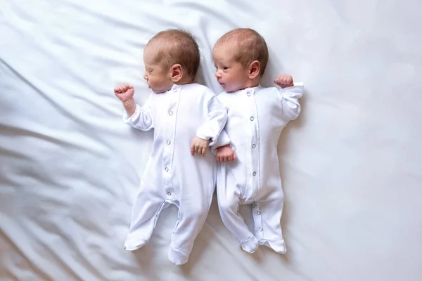 彼らの両親の腕の中で ベッドの上の新生児の双子は白い背景にあります ライフスタイル 子供の感情 複数の妊娠 大家族 — ストック写真